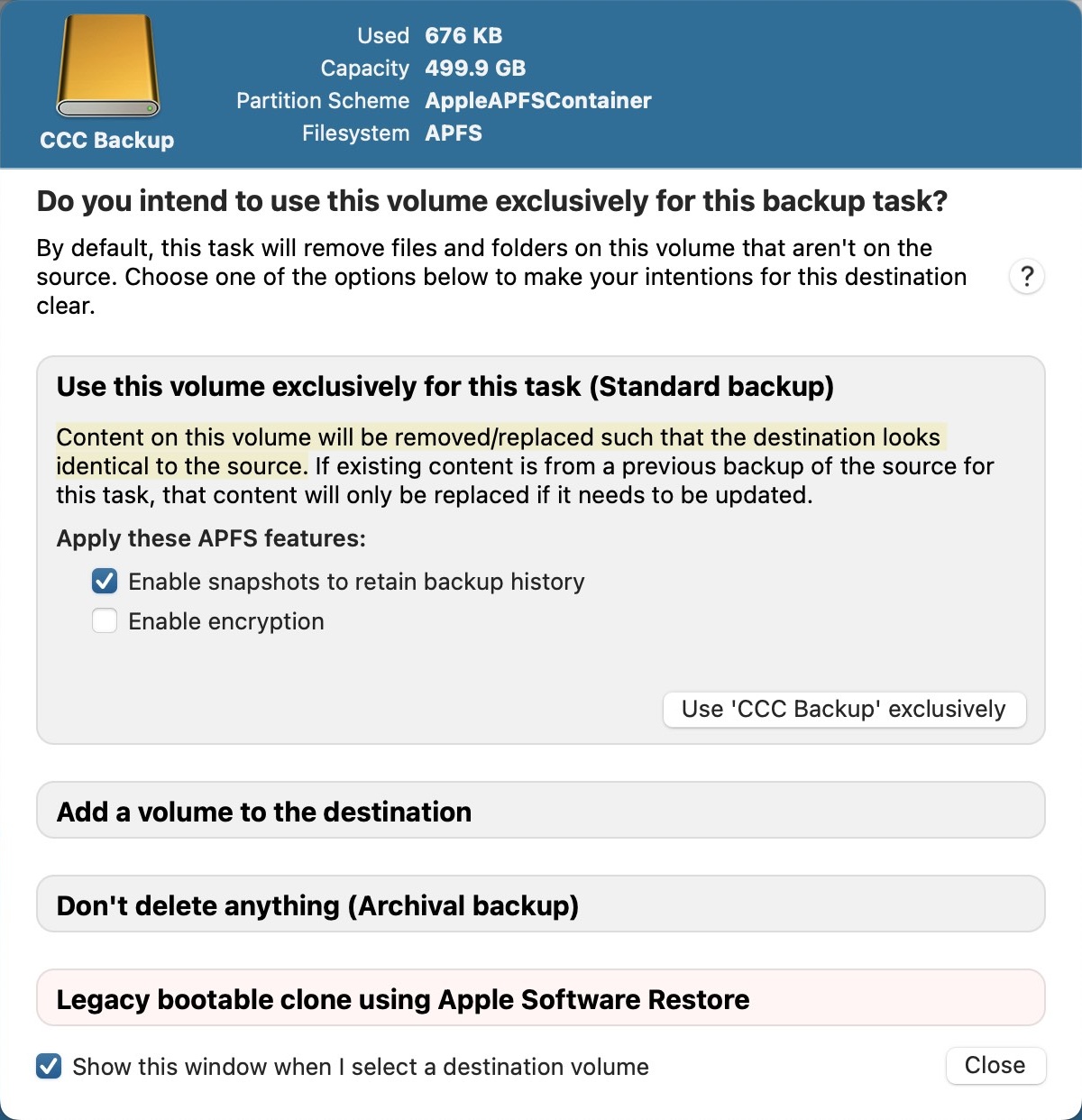 Backup Volume Setup Assistant