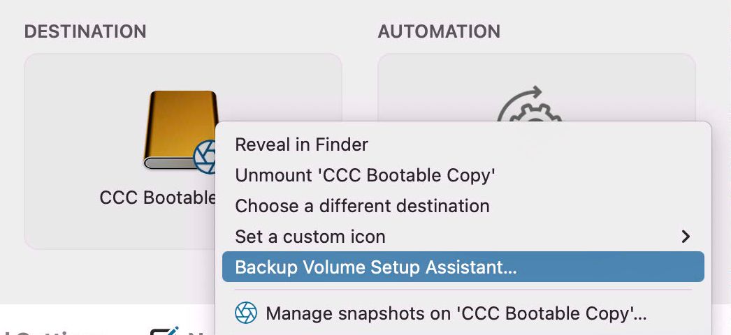 Click on the Destination selector to reveal the Backup Volume Setup Assistant