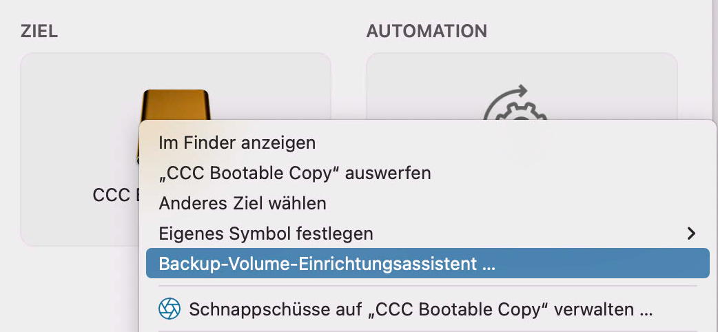 Klicken Sie auf die Zielauswahl zum Anzeigen des Backup-Volume-Einrichtungsassistenten
