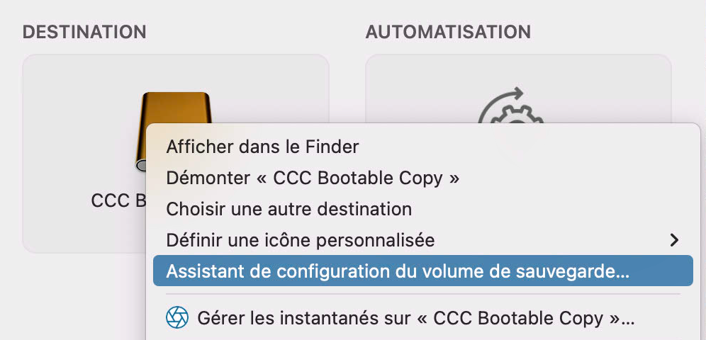 Cliquez sur le sélecteur de destination pour afficher l'assistant de configuration du volume de sauvegarde.