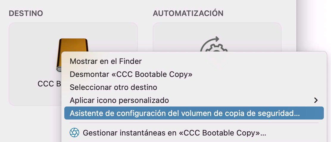 Pulse el selector de destino para mostrar el Asistente de configuración del volumen de copia de seguridad