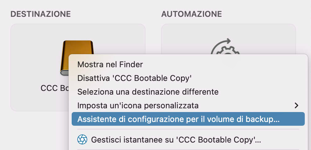 Fai clic sul selettore Destinazione per visualizzare l'Assistente di configurazione del volume di backup