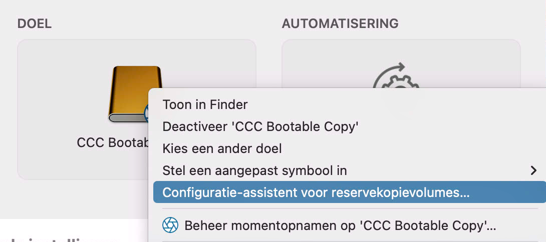 Klik op de doelkiezer om de Backup Volume Setup Assistant weer te geven