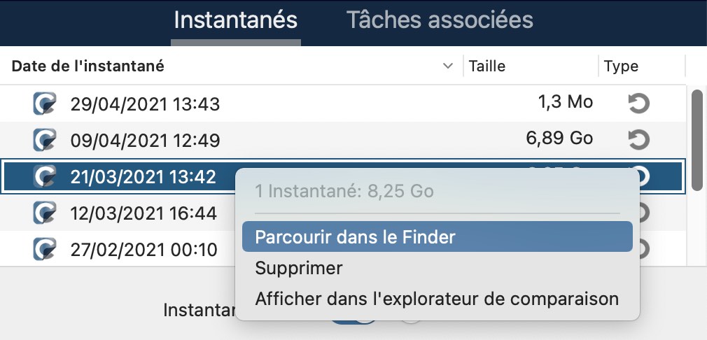 Utilisez le menu contextuel pour monter et parcourir les instantanés