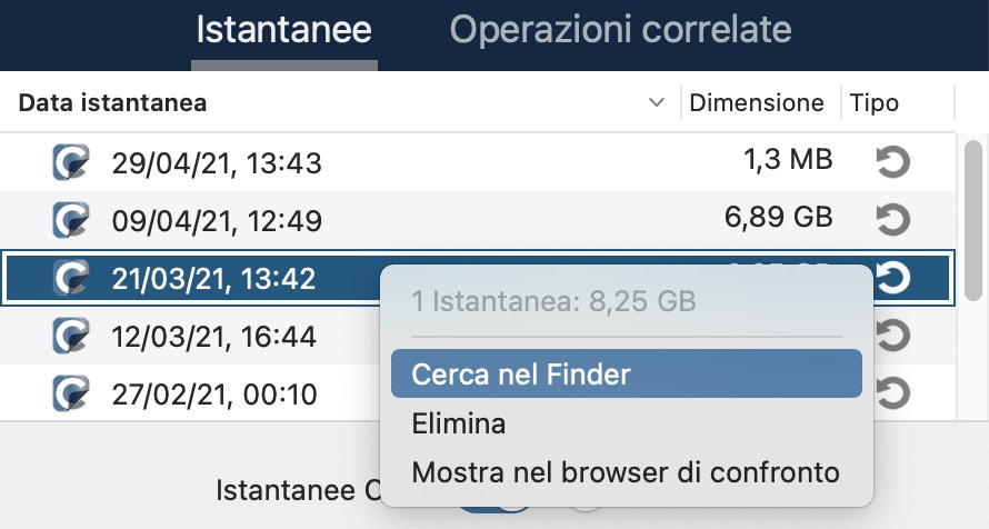 Utilizzare il menu contestuale per attivare e sfogliare istantanee