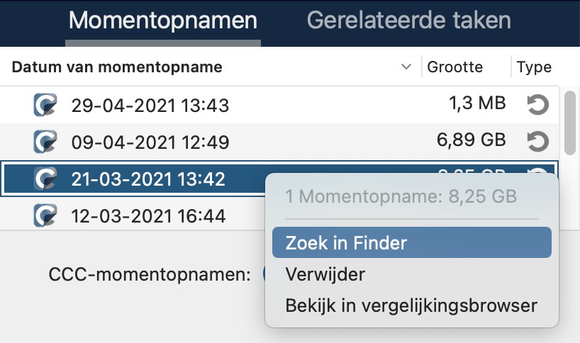 Momentopnamen activeren en erin zoeken met het contextuele menu
