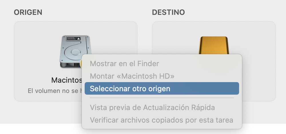 Pulse el selector de origen y escoja la opción para seleccionar otro origen