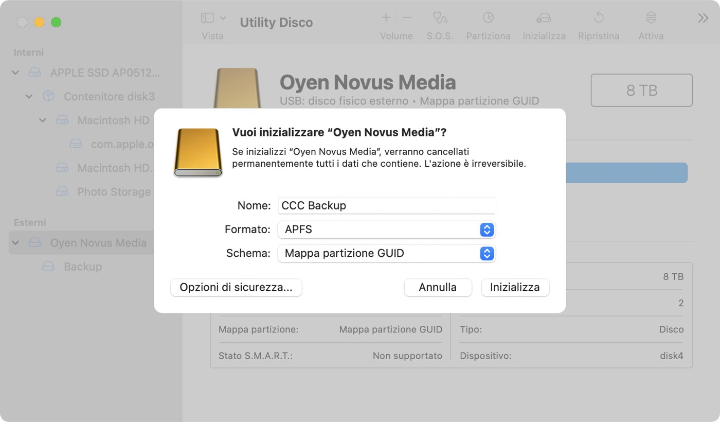 Inizializza il disco di backup