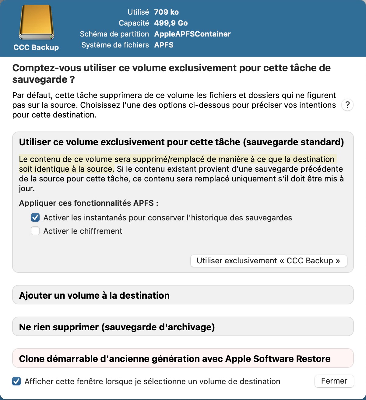 Assistant de configuration du volume de sauvegarde