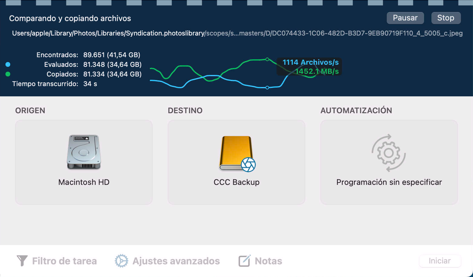 ¡Enhorabuena, su primera copia de seguridad ya está en marcha!