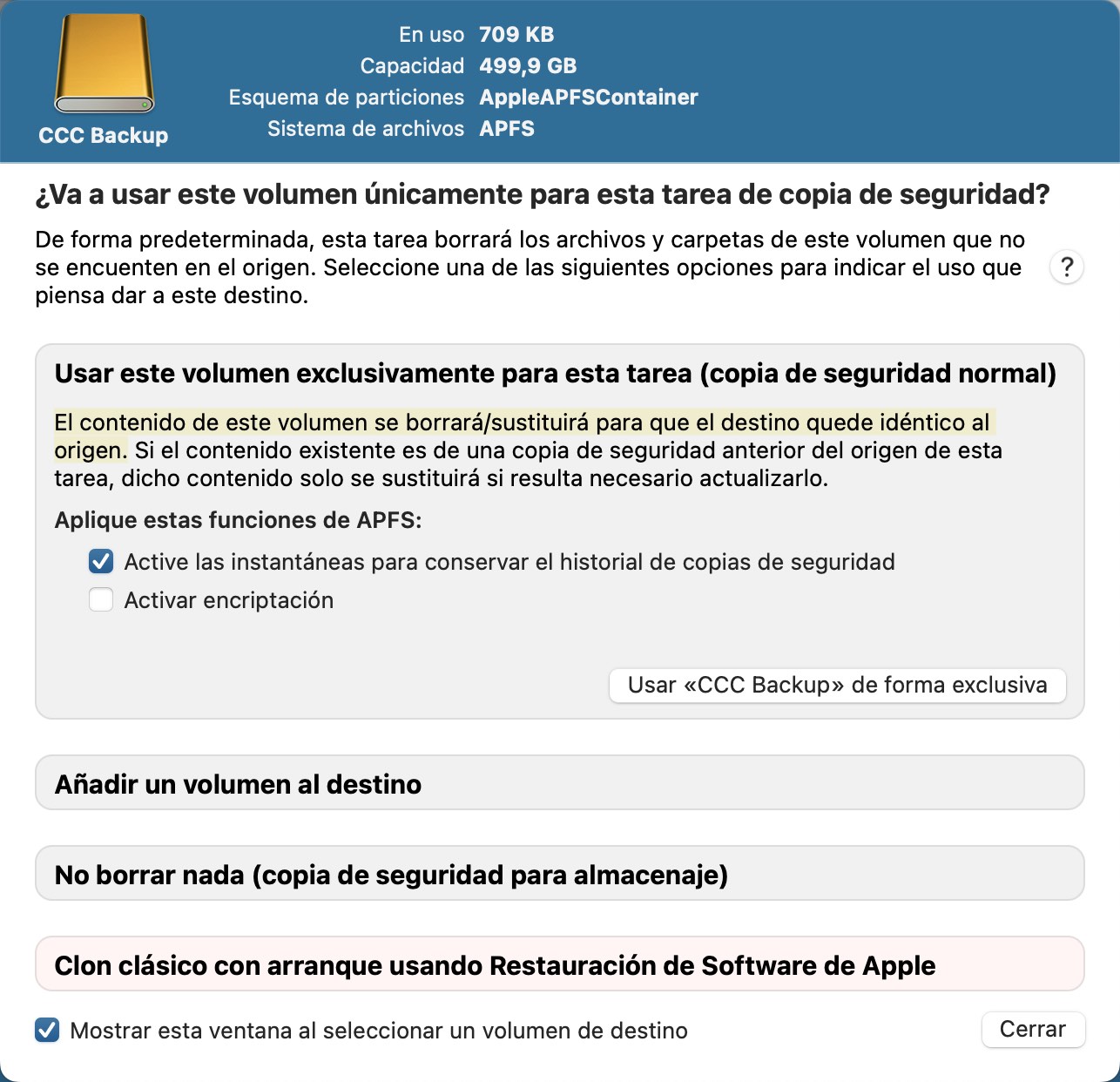 Asistente de configuración del volumen de copia de seguridad