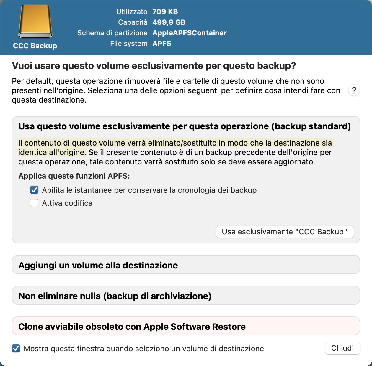 Assistente di configurazione per il volume di backup