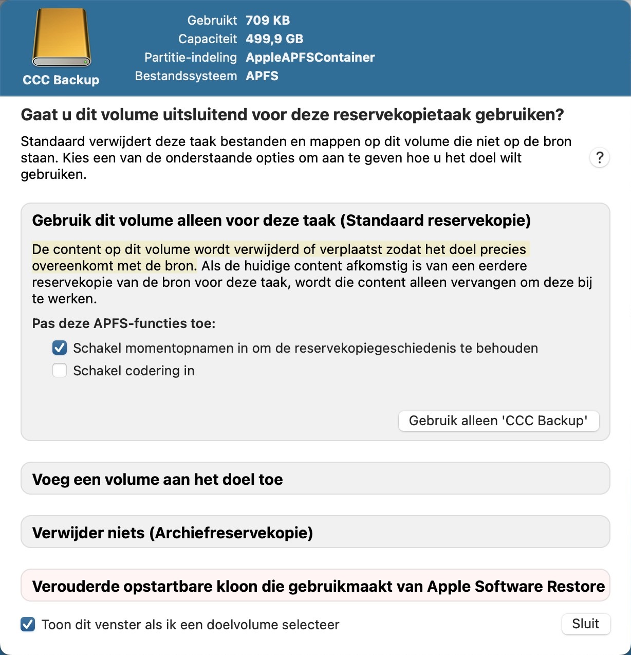 Configuratie-assistent voor reservekopievolumes