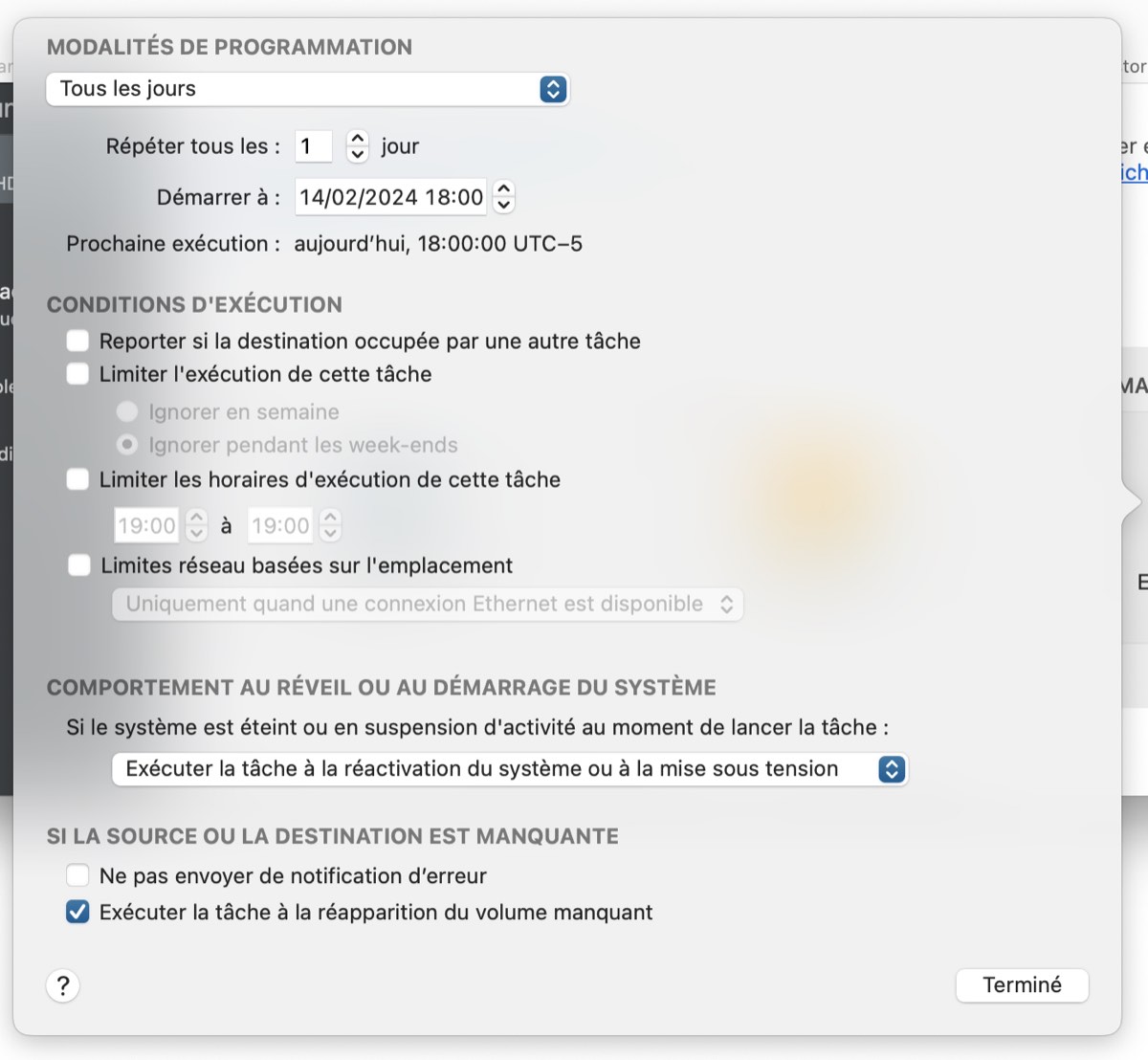 Fenêtre surgissante du programmateur