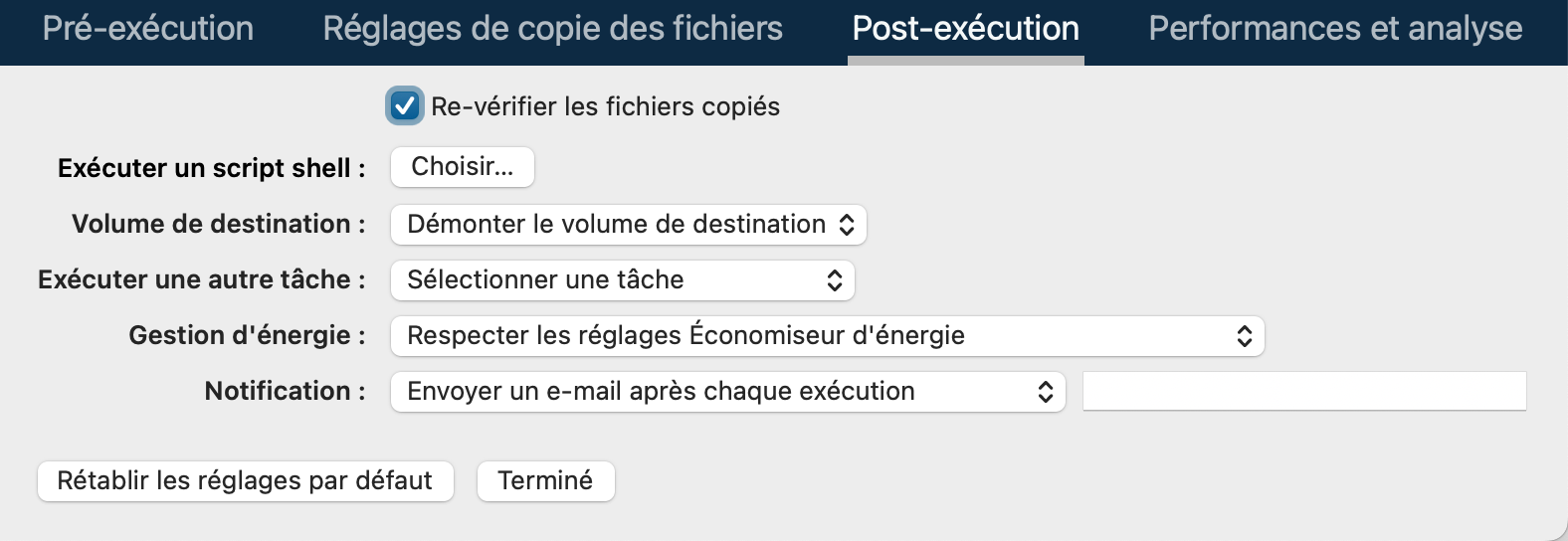 Réglages avancés