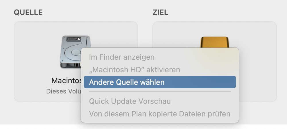 Klicken Sie auf die Quellauswahl und wählen die Option zur Auswahl einer anderen Quelle.