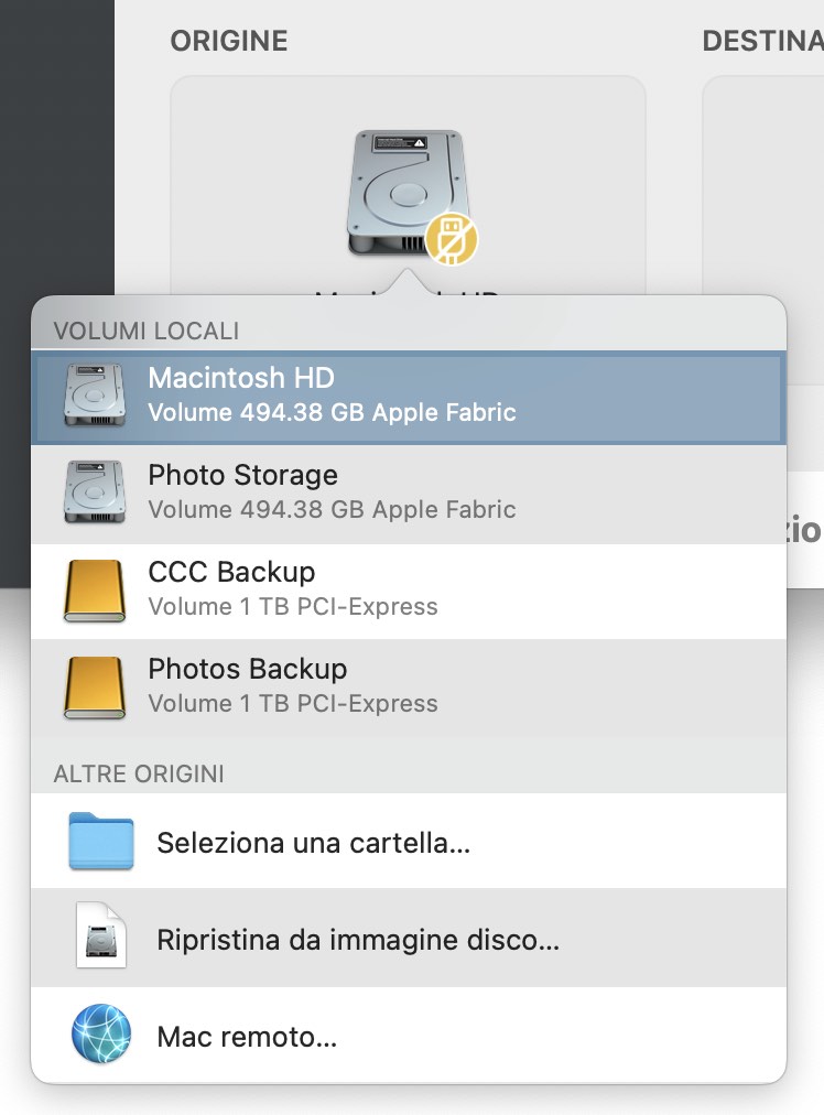 Seleziona la nuova origine