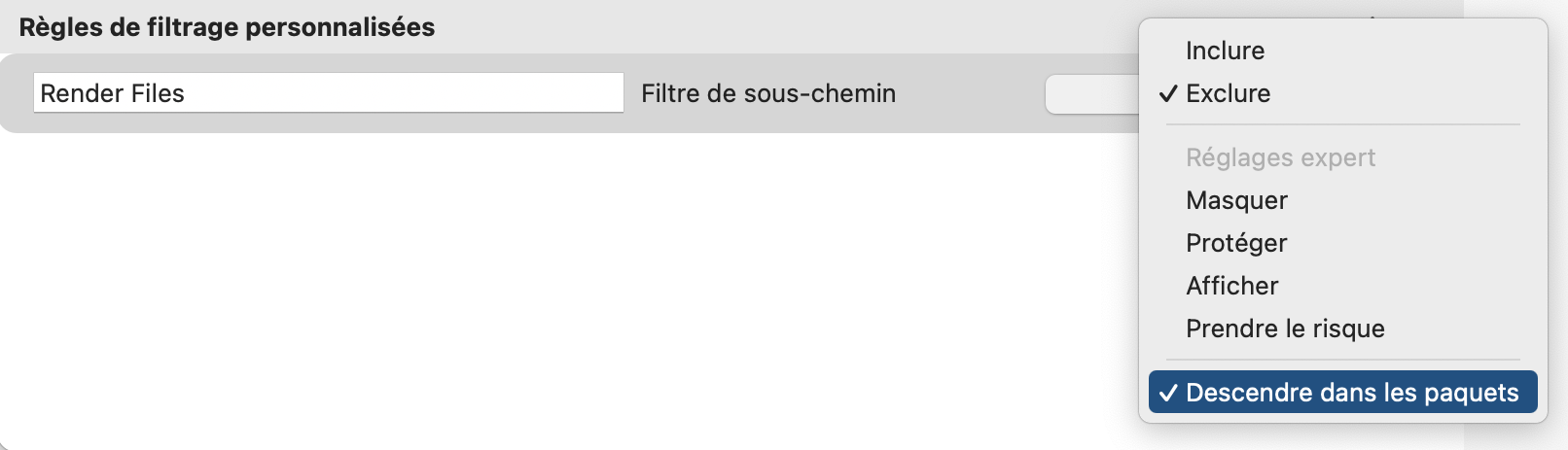 fenêtre de filtrage des tâches