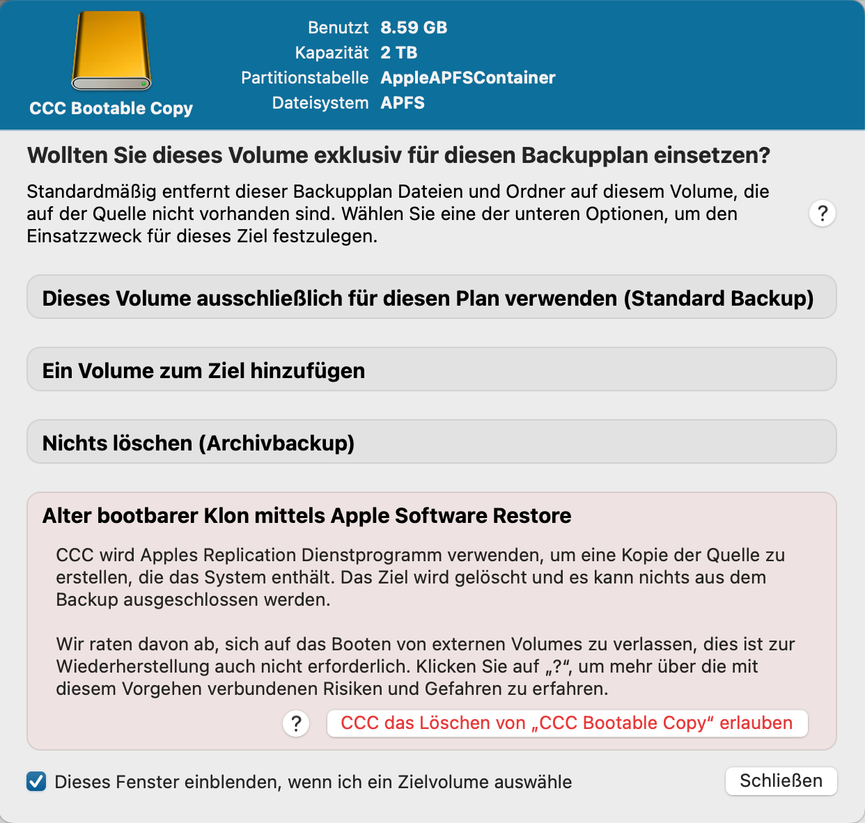 Klicken Sie auf die Zielauswahl zum Anzeigen des Backup-Volume-Einrichtungsassistenten