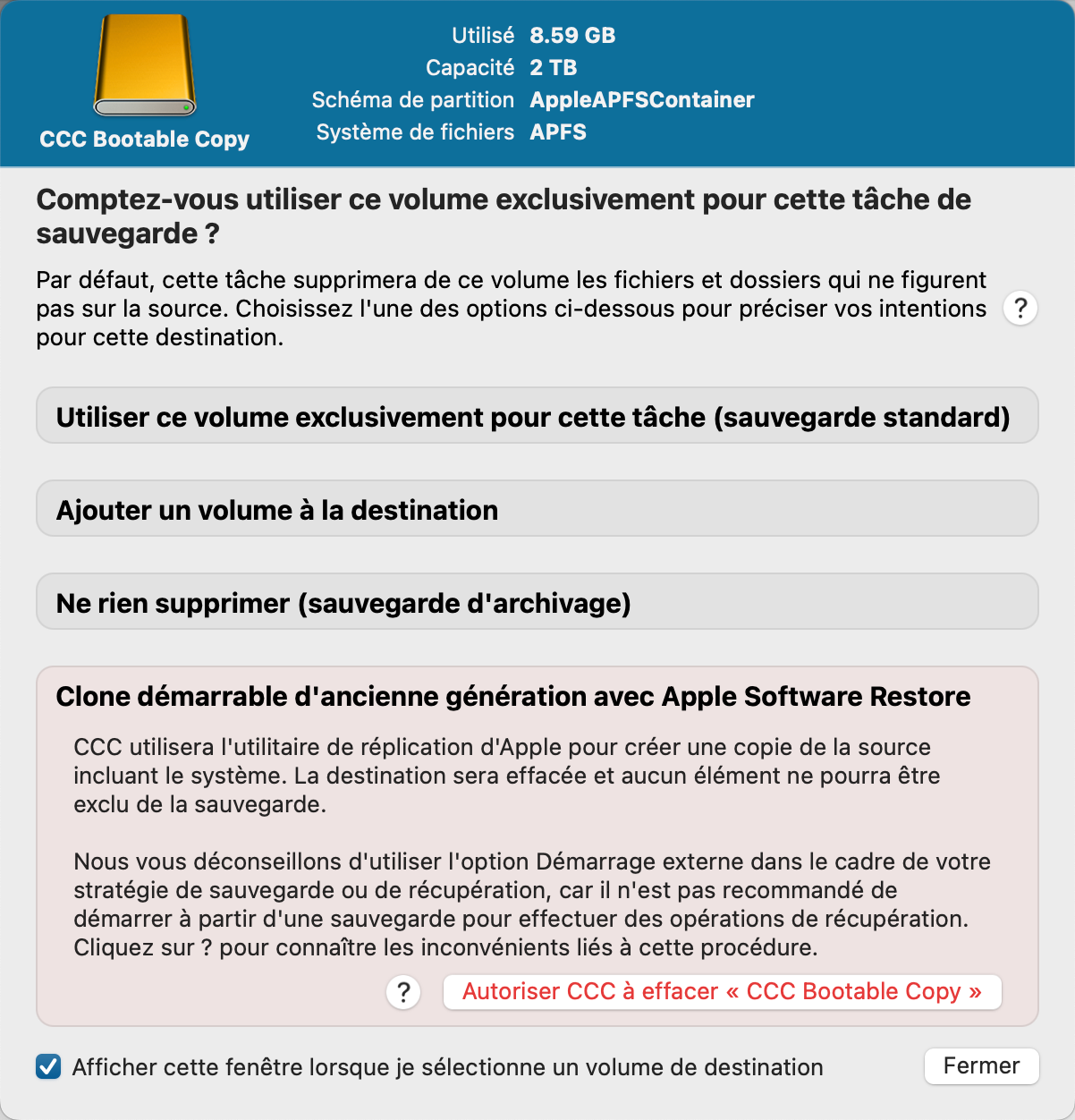 Cliquez sur le sélecteur de destination pour afficher l'assistant de configuration du volume de sauvegarde.