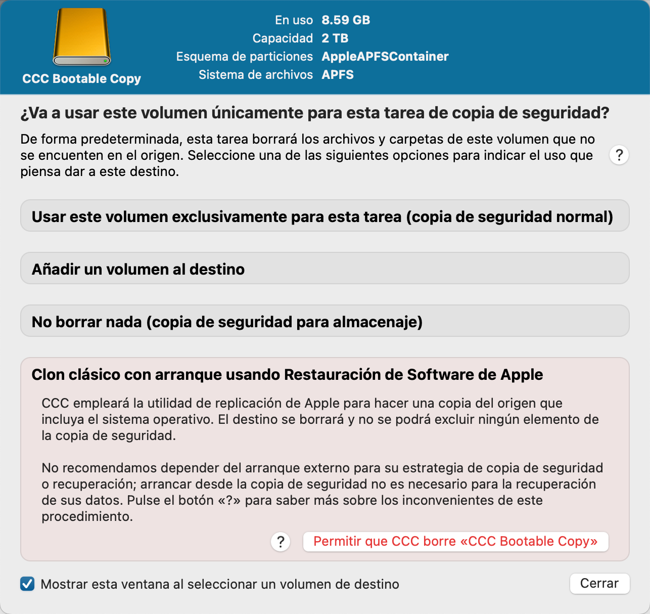 Pulse el selector de destino para mostrar el Asistente de configuración del volumen de copia de seguridad