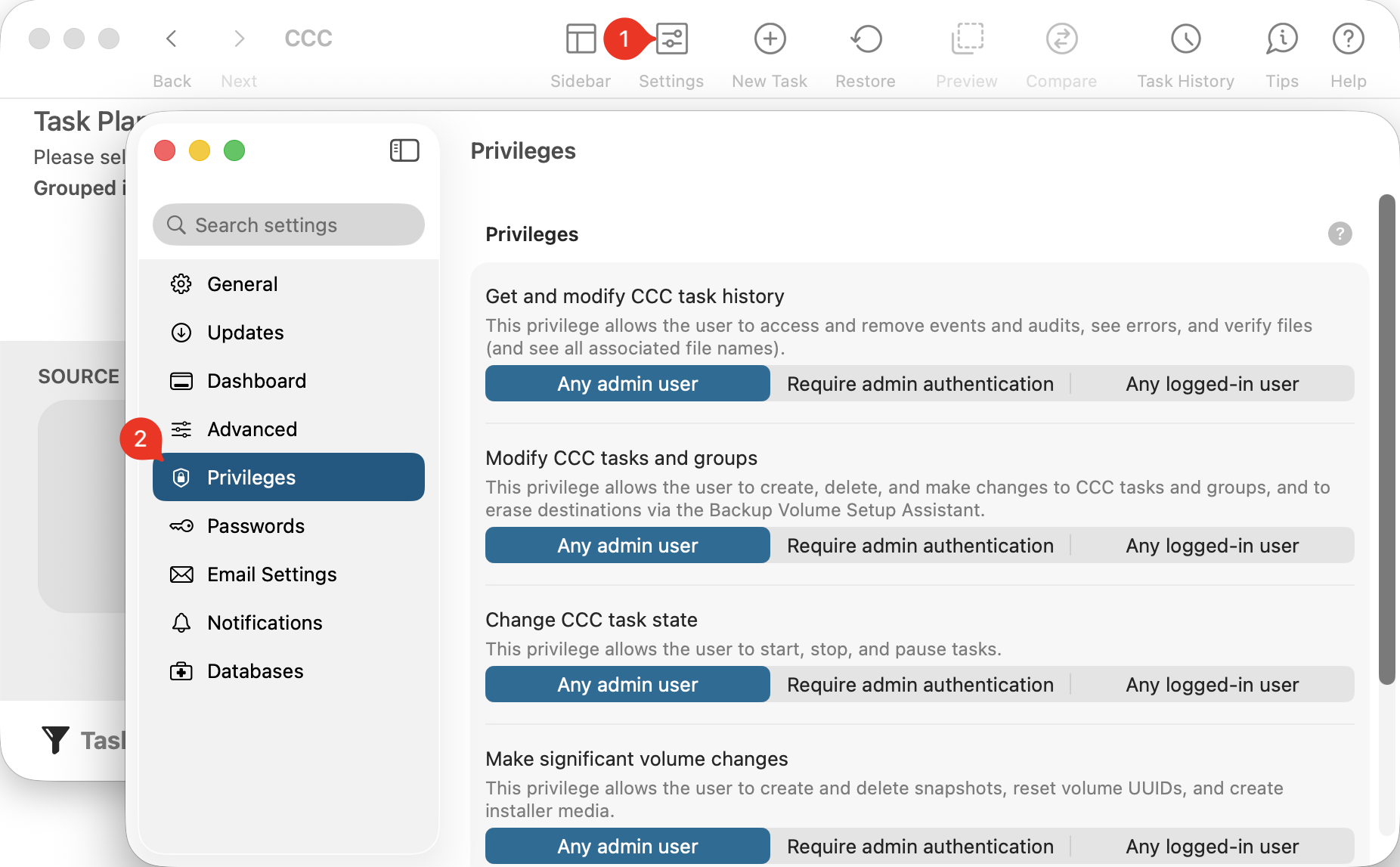CCC Privileges in Settings