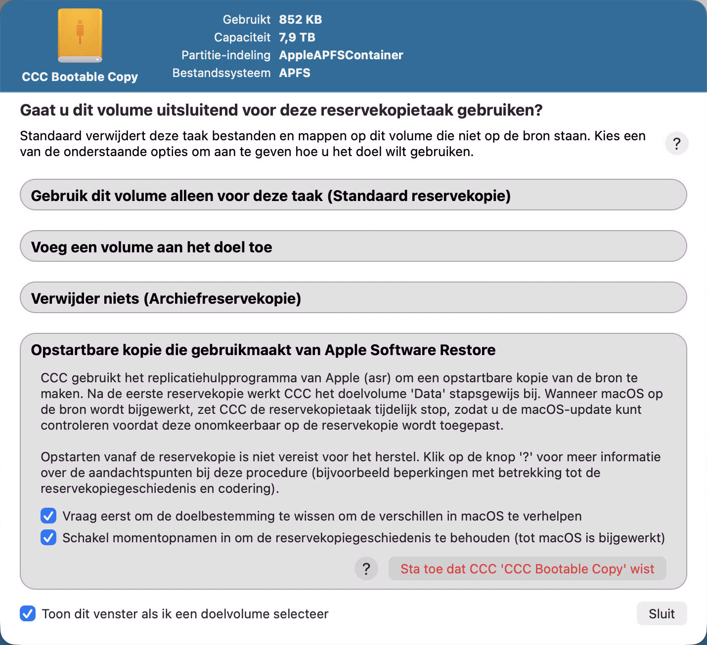 Kies 'Verouderde opstartbare kloon die gebruikmaakt van Apple Software Restore' om een opstartbare kopie van het systeem te maken