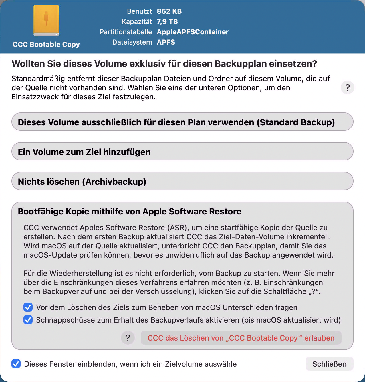 Wählen Sie „Alter bootbarer Klon mittels Apple Software Restore“, um eine startfähige Kopie des Systems zu erstellen