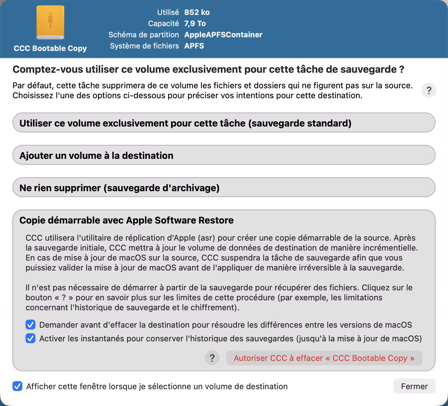 Choisissez « Clone démarrable d'ancienne génération avec Apple Software Restore » pour créer une copie démarrable du système