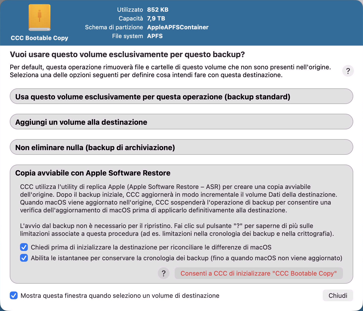 Seleziona "Clone avviabile obsoleto con Apple Software Restore" per creare una copia avviabile del sistema