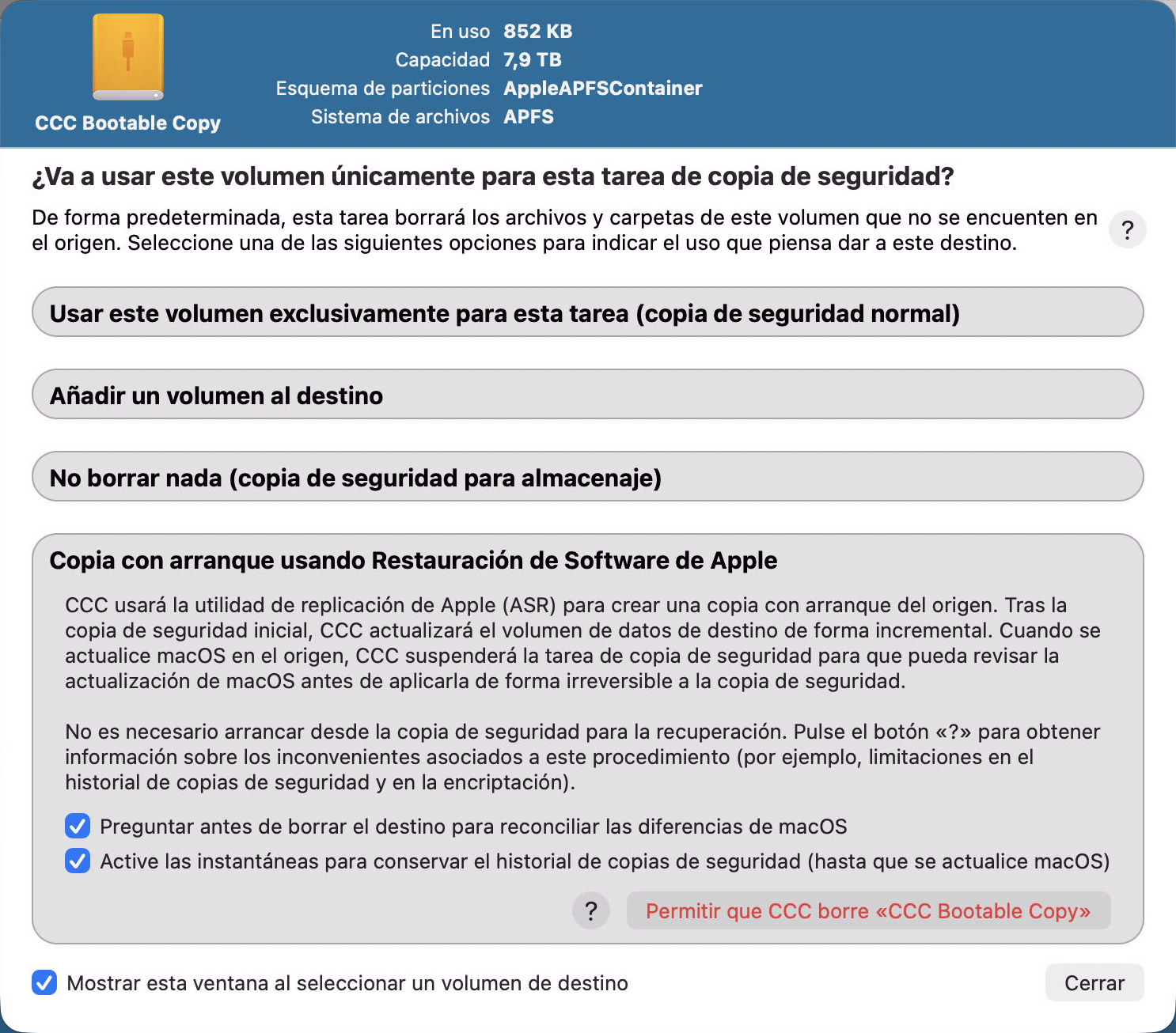 Seleccione «Clon clásico con arranque usando Restauración de Software de Apple» para hacer una copia con arranque del sistema