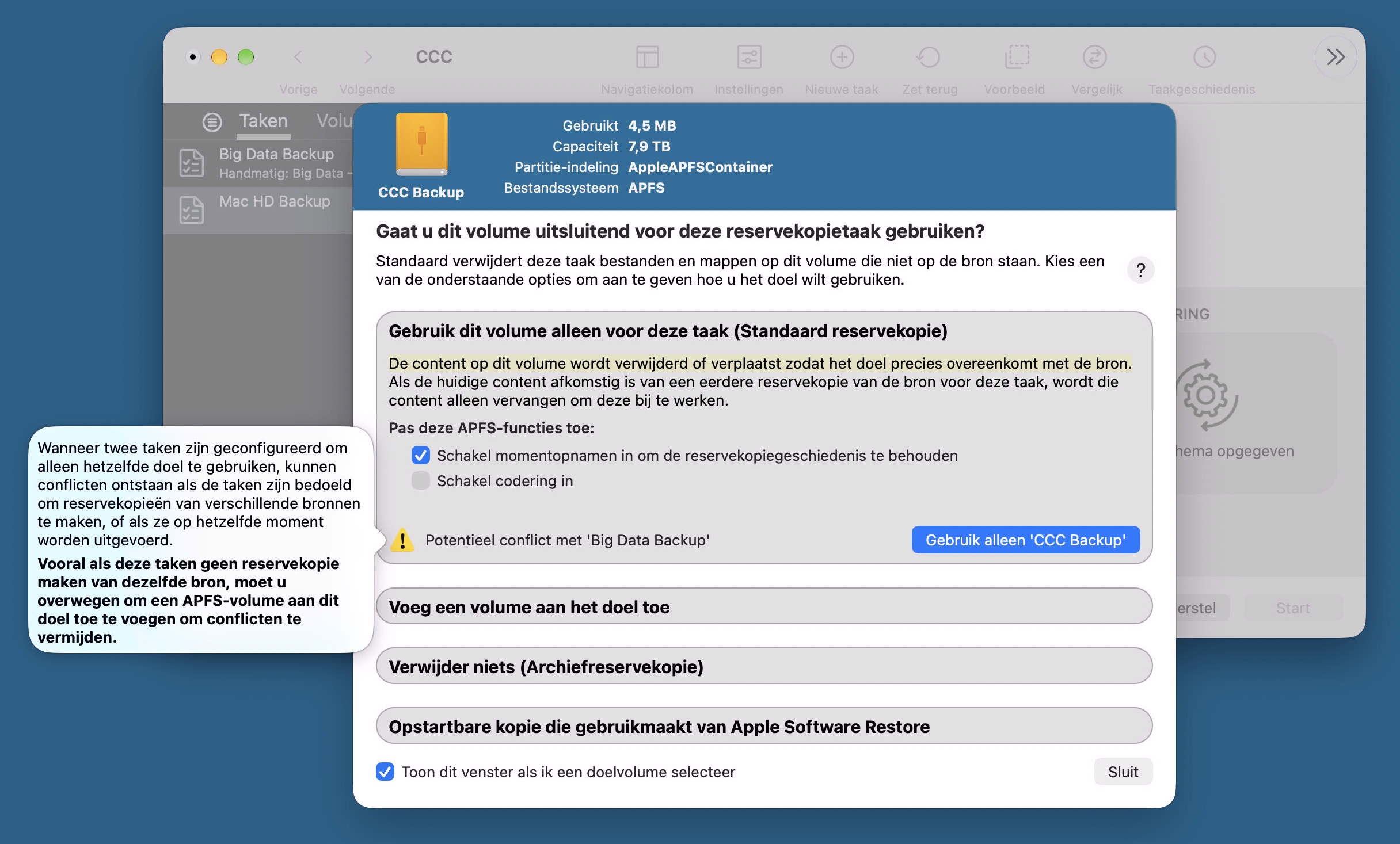 Configuratie-assistent voor reservekopievolumes