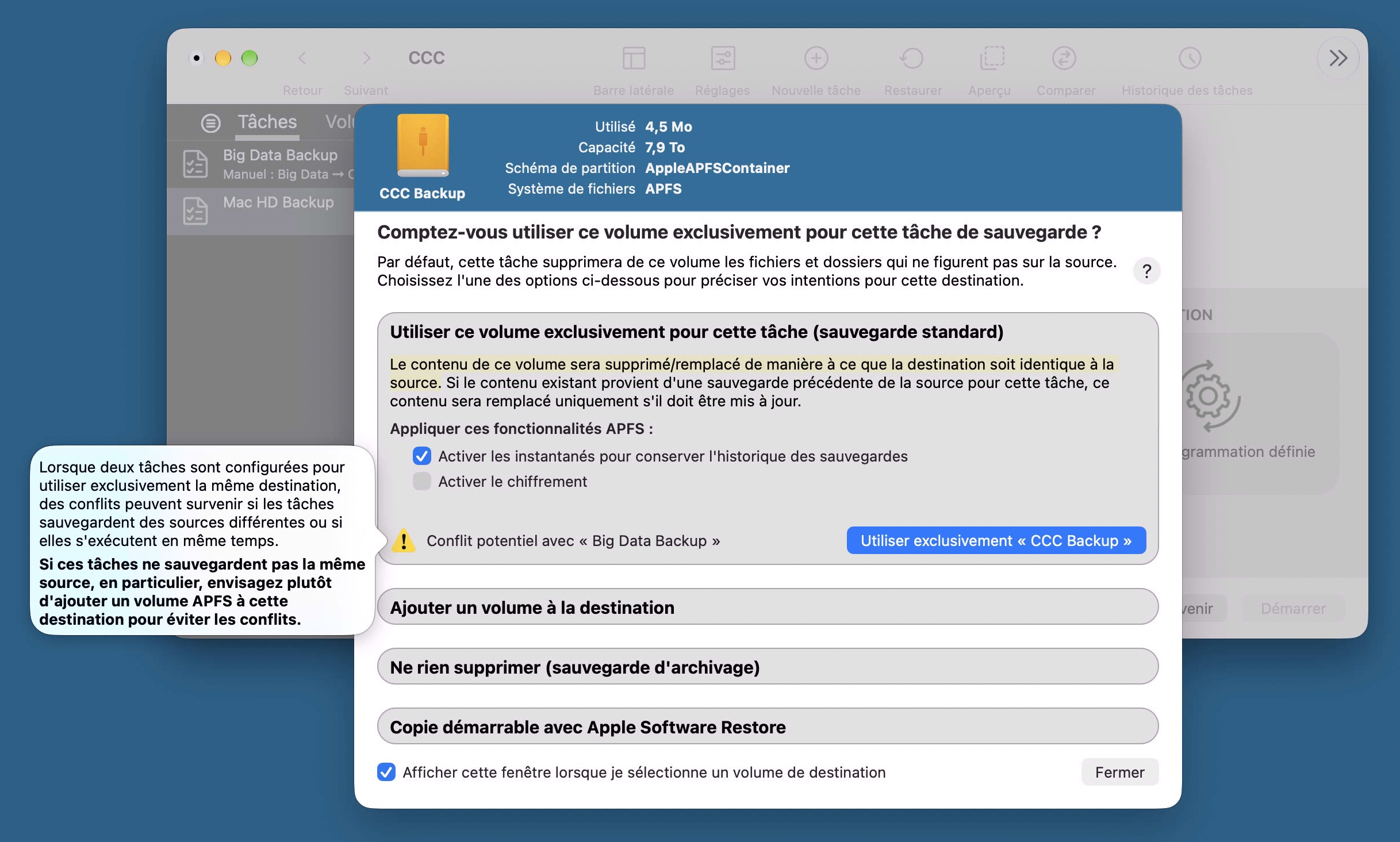 Assistant de configuration du volume de sauvegarde
