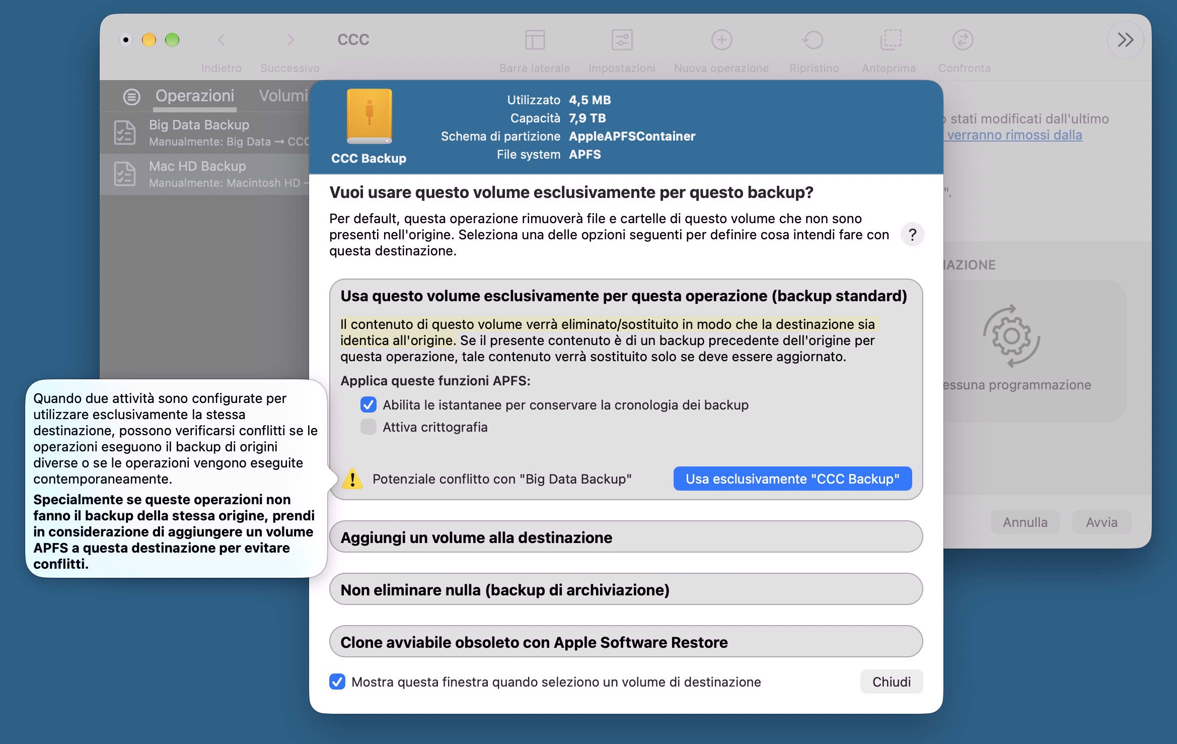 Assistente di configurazione per il volume di backup