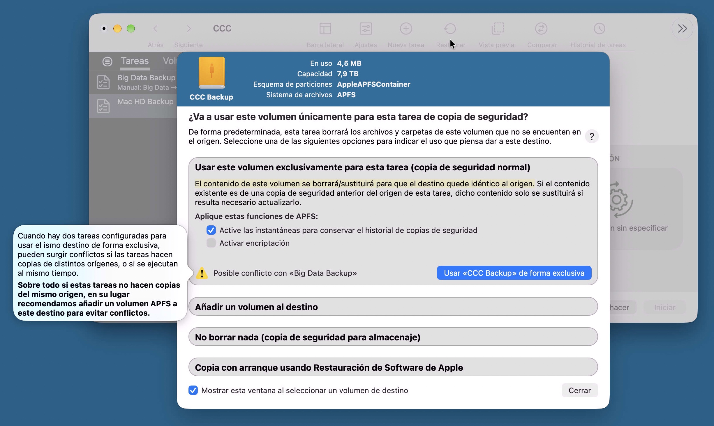 Asistente de configuración del volumen de copia de seguridad
