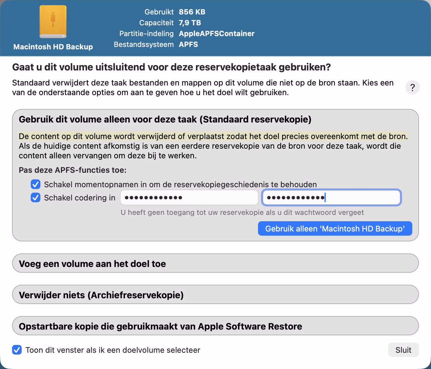 Configuratie-assistent voor reservekopievolumes