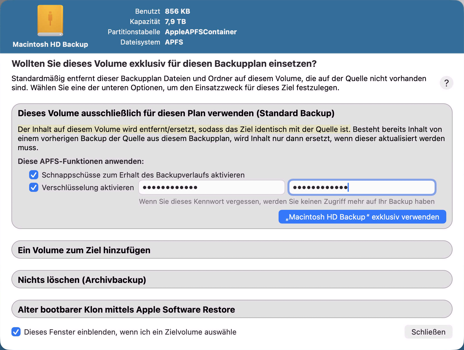 Backup-Volume-Einrichtungsassistent