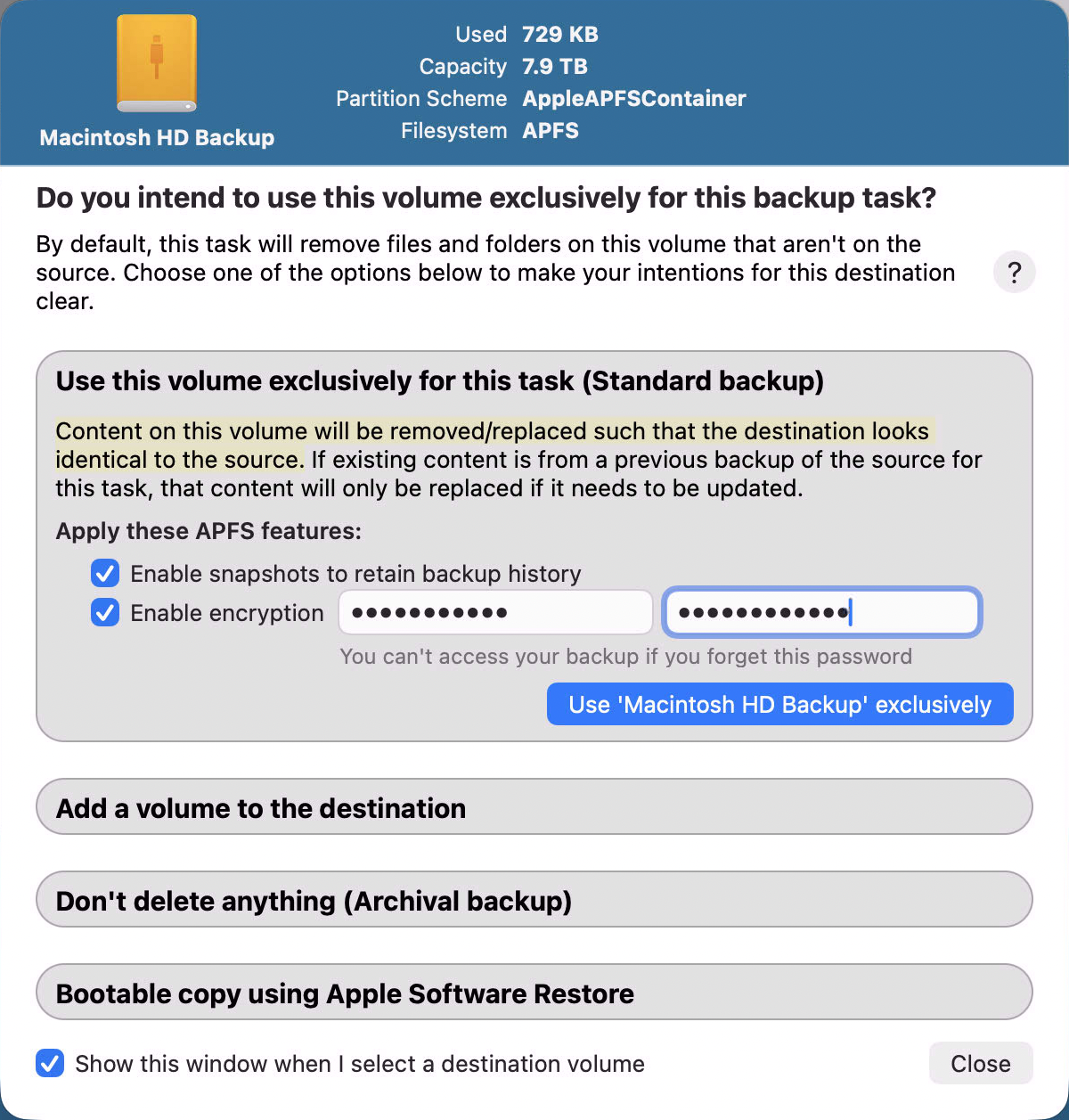 Backup Volume Setup Assistant