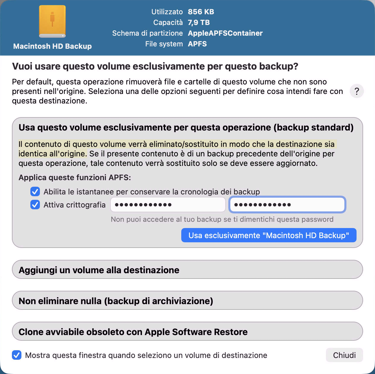 Assistente di configurazione per il volume di backup