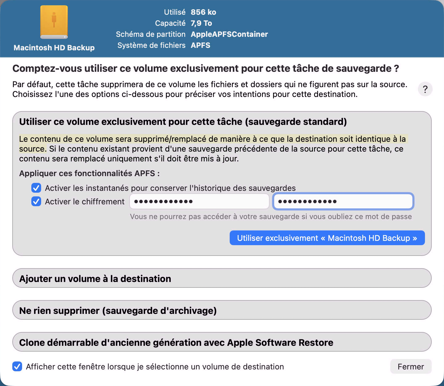 Assistant de configuration du volume de sauvegarde