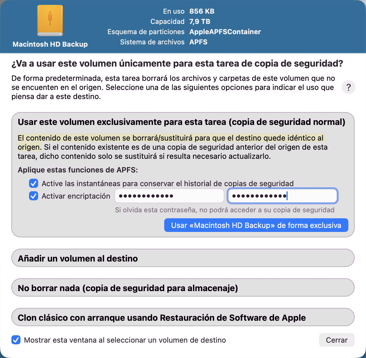 Asistente de configuración del volumen de copia de seguridad